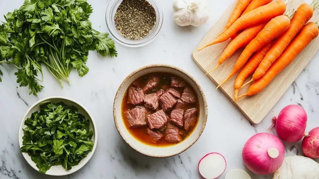 A steaming bowl of hearty beef soup with tender chunks of beef, vibrant carrots, and radish slices in a rich, flavorful broth, garnished with fresh herbs.