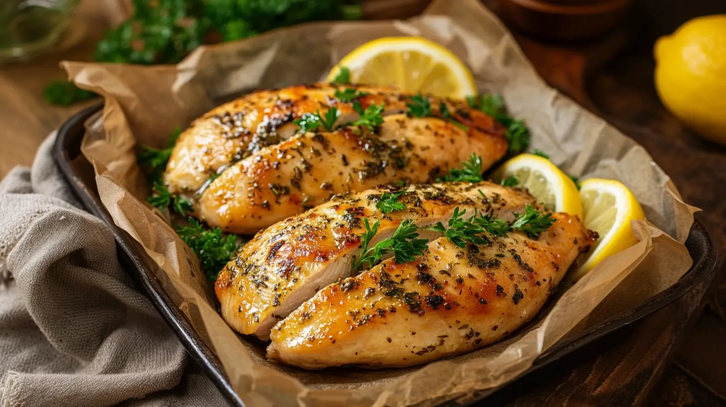 A large chicken piece cooked to perfection, golden brown and juicy, resting on a wooden cutting board, garnished with fresh herbs and served with a meat thermometer for precise doneness.