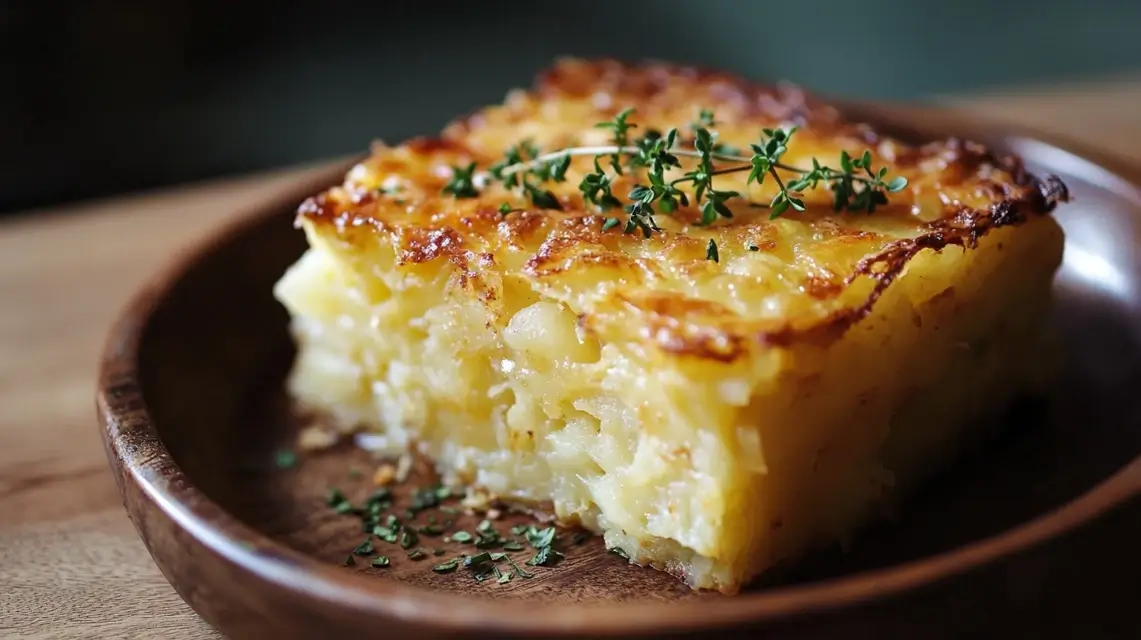 A golden-baked hash brown casserole with a crispy, cheesy topping and a creamy interior, served in a rustic dish garnished with fresh herbs.