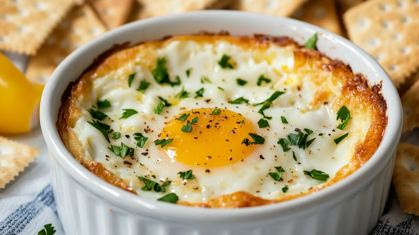 A golden, cheesy baked egg casserole topped with crispy crackers, served in a rustic baking dish with fresh herbs sprinkled on top.