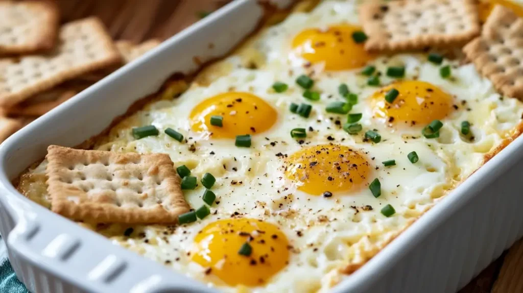 A golden, cheesy baked egg casserole topped with crispy crackers, served in a rustic baking dish with fresh herbs sprinkled on top.