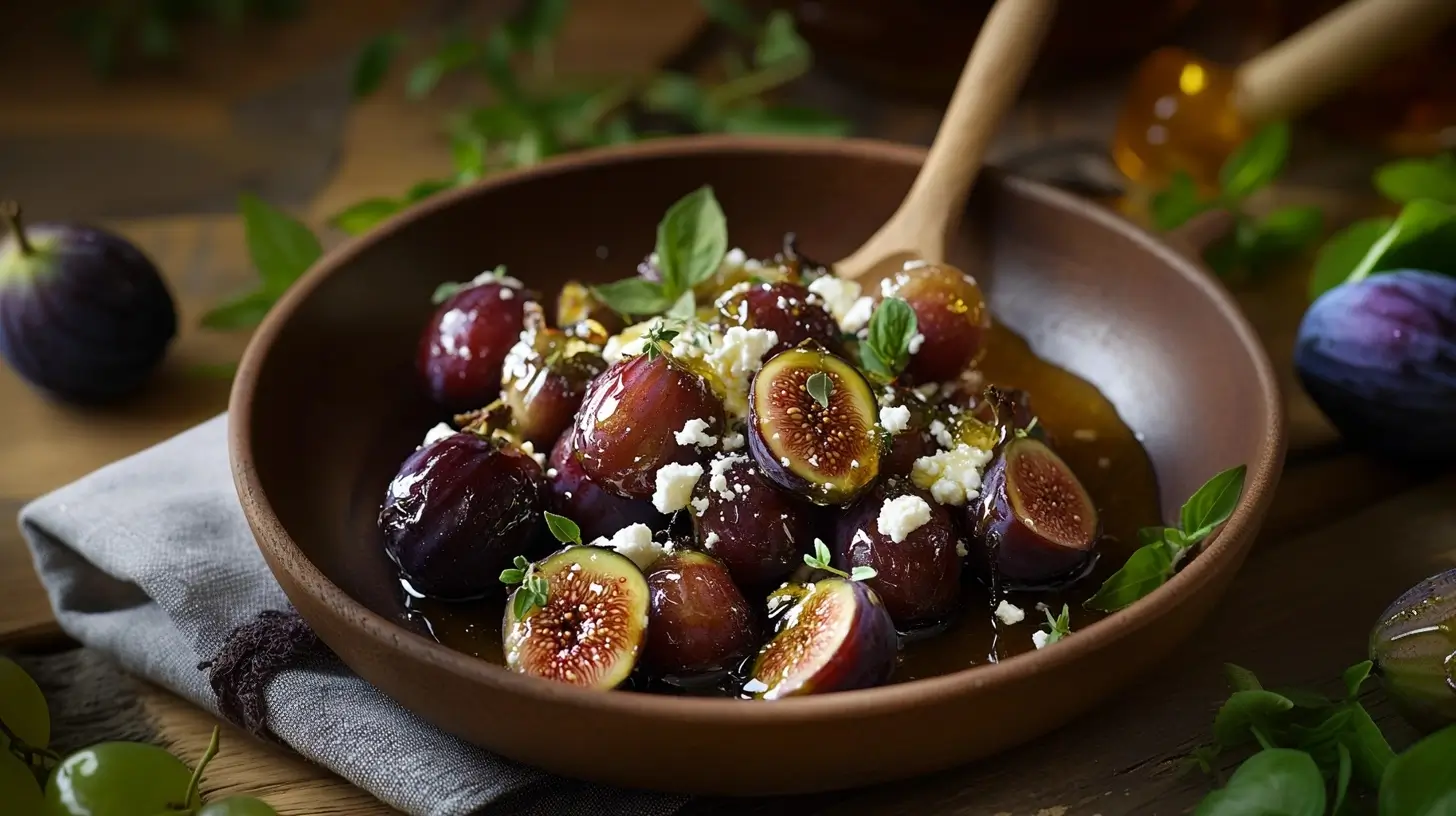 A Mediterranean dish featuring roasted figs and grapes, topped with crumbled feta cheese, drizzled with honey, and garnished with fresh thyme and basil, served on a rustic platter.