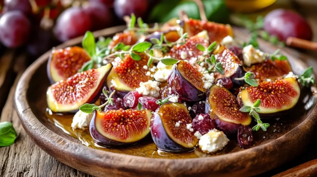  A Mediterranean dish featuring roasted figs and grapes, topped with crumbled feta cheese, drizzled with honey, and garnished with fresh thyme and basil, served on a rustic platter.