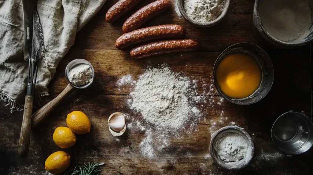  Sliced Mennonite venison sausage on a wooden cutting board, surrounded by fresh herbs, mustard, and rustic bread, showcasing its rich, smoky flavor and hearty texture.