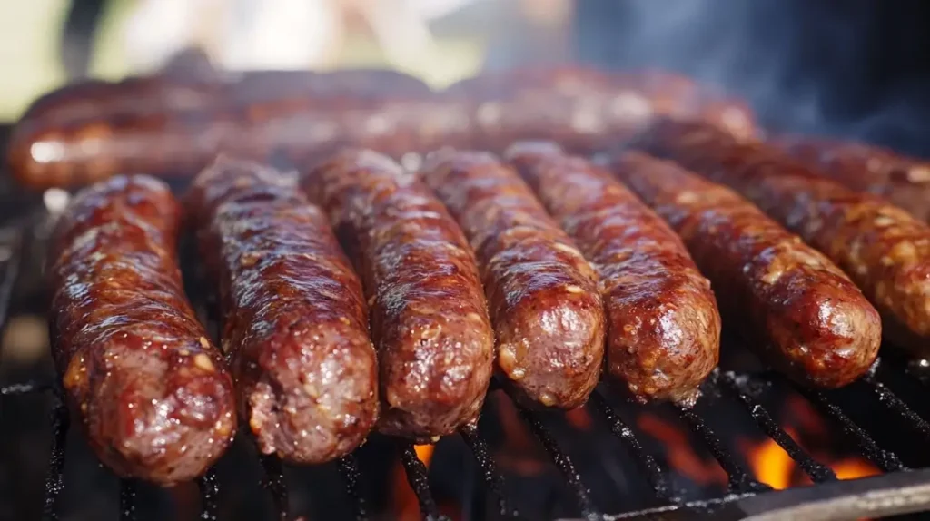  Sliced Mennonite venison sausage on a wooden cutting board, surrounded by fresh herbs, mustard, and rustic bread, showcasing its rich, smoky flavor and hearty texture.