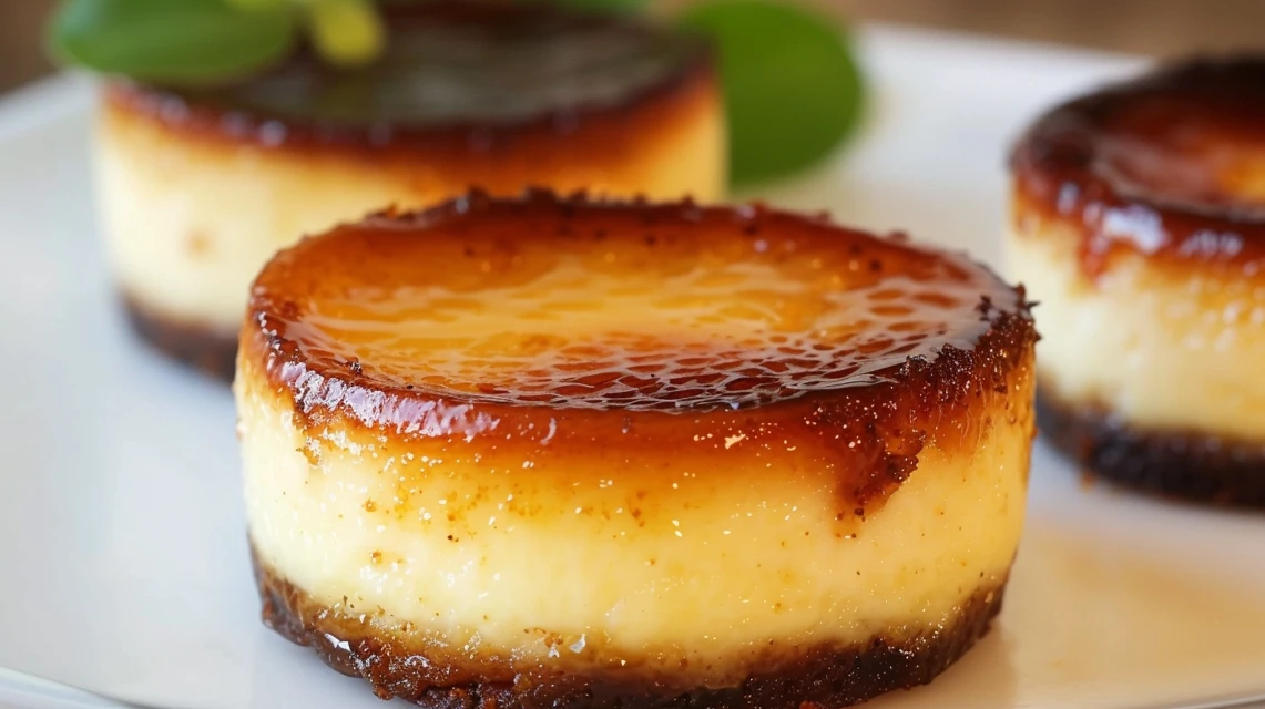 Mini Crème Brûlée Cheesecakes with a golden caramelized sugar topping, served on a rustic plate, garnished with fresh mint leaves, and placed in a cozy dining setting.