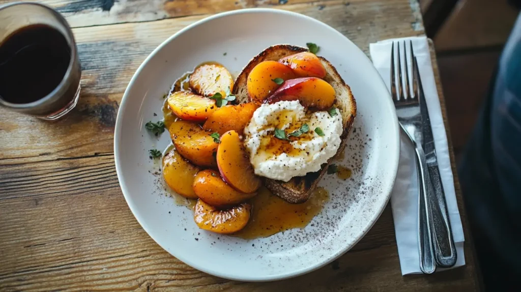 A slice of artisan toast spread with creamy ricotta cheese, topped with caramelized, warmed peaches and a drizzle of honey, garnished with fresh thyme leaves, served on a white plate.