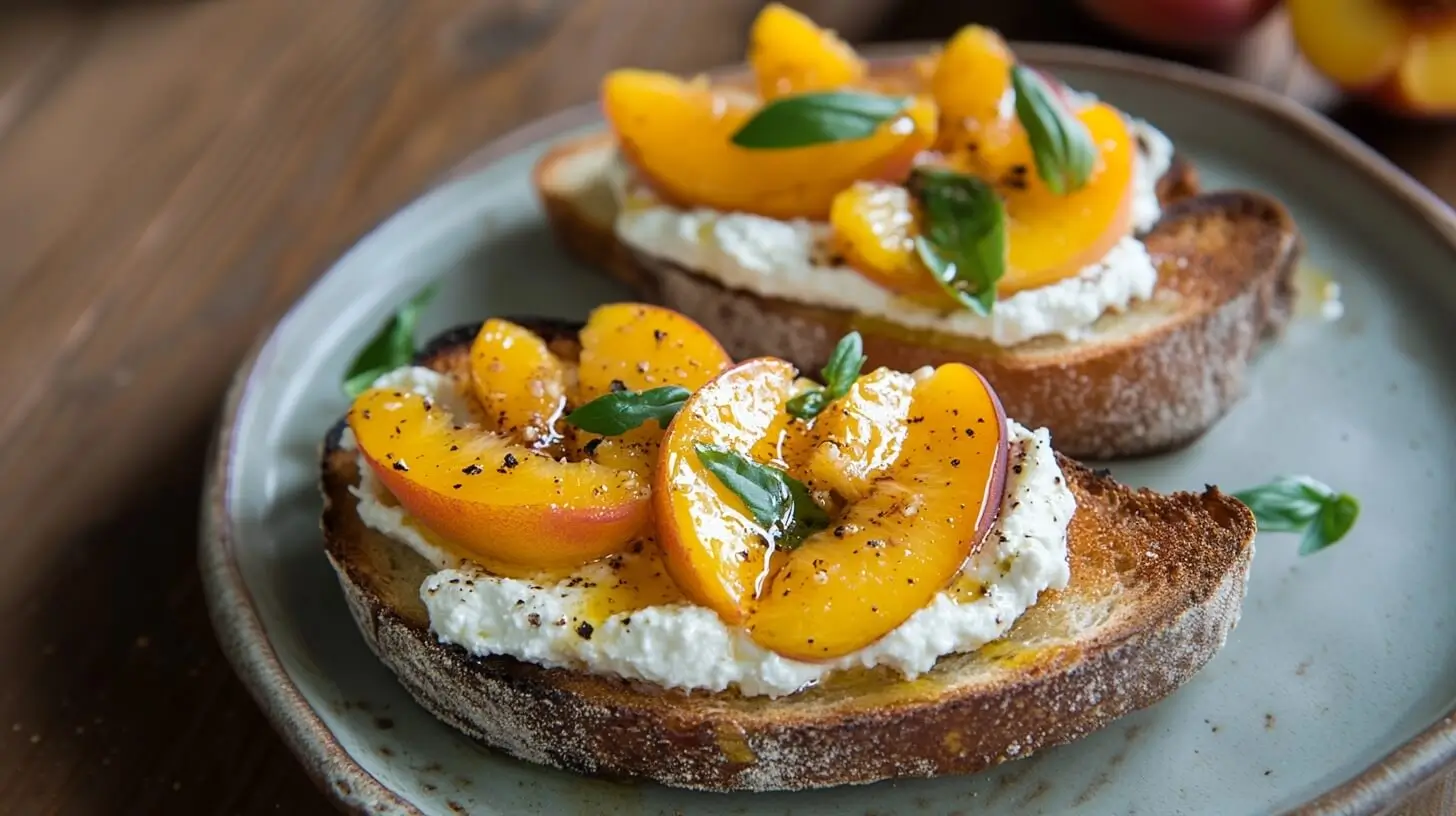 A slice of toasted sourdough bread topped with creamy ricotta, caramelized peach slices, and a drizzle of honey, garnished with fresh mint leaves.