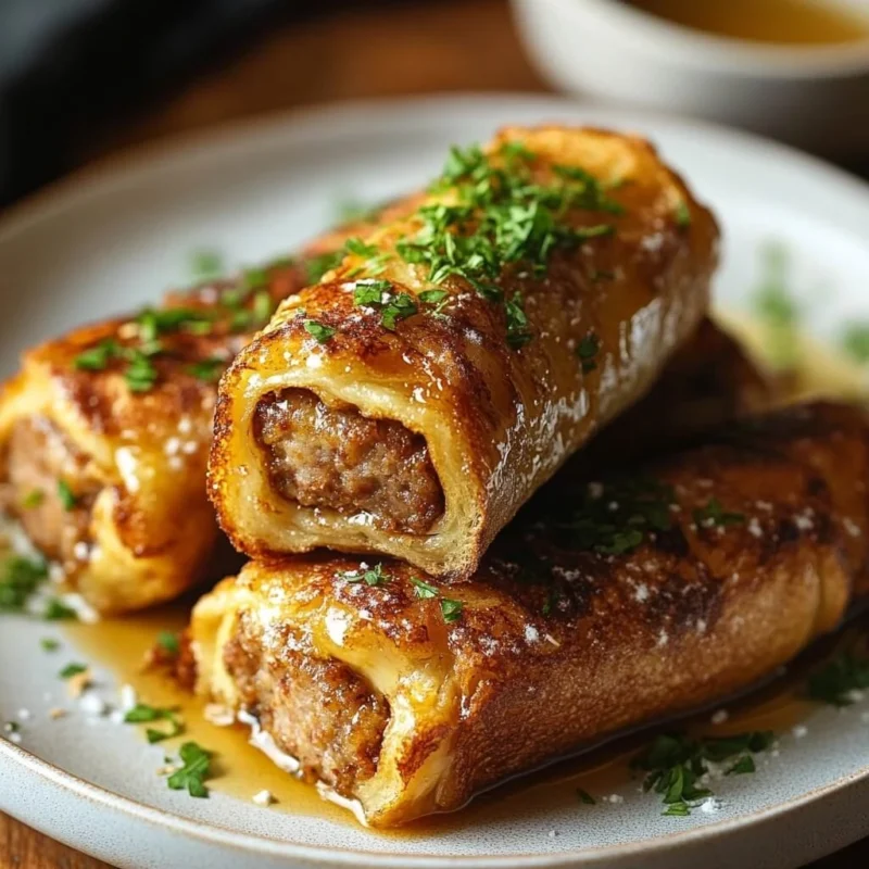 "Golden brown Sausage French Toast Roll-Ups served on a white plate with a drizzle of maple syrup and a sprinkle of cinnamon sugar."