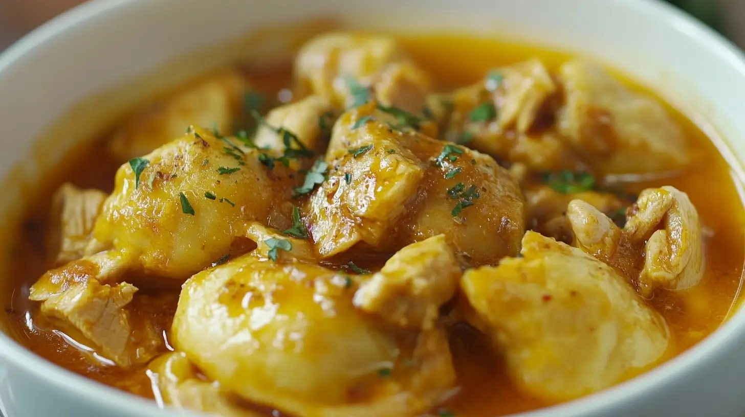 A comforting bowl of slow cooker chicken and dumplings with tender chicken, fluffy dumplings, and hearty vegetables in a creamy broth, garnished with fresh herbs.