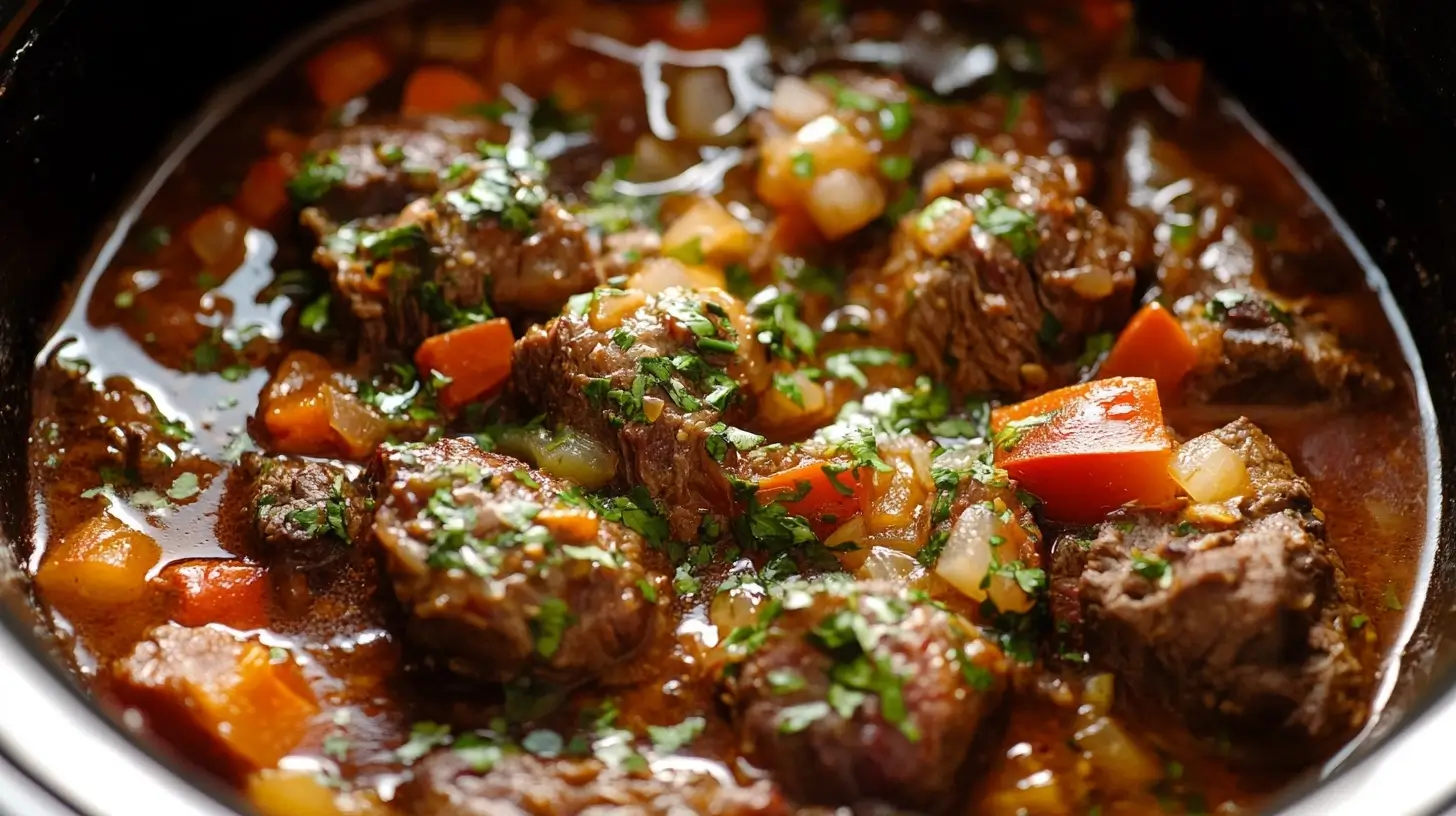 A tender and juicy slow cooker pot roast served with carrots and potatoes, coated in a rich, savory gravy, garnished with fresh parsley.