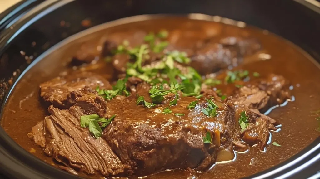 A tender and juicy slow cooker pot roast served with carrots and potatoes, coated in a rich, savory gravy, garnished with fresh parsley.