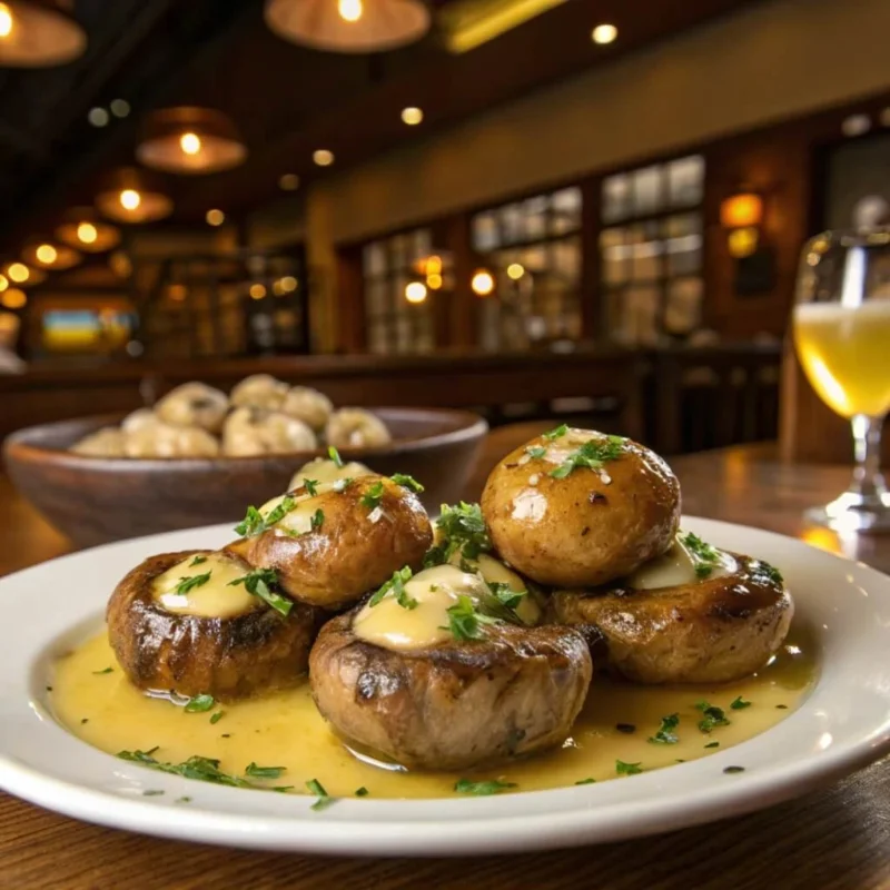 Steakhouse garlic butter mushrooms served in a skillet with fresh herbs on top.