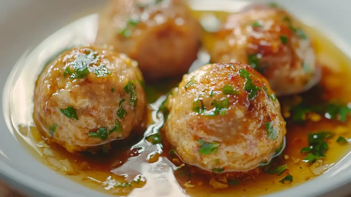 A bowl of Thai chicken meatballs served in a creamy coconut curry sauce, garnished with fresh cilantro and red chili slices, accompanied by fluffy jasmine rice.