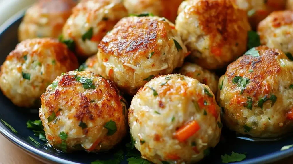 A bowl of Thai chicken meatballs served in a creamy coconut curry sauce, garnished with fresh cilantro and red chili slices, accompanied by fluffy jasmine rice.