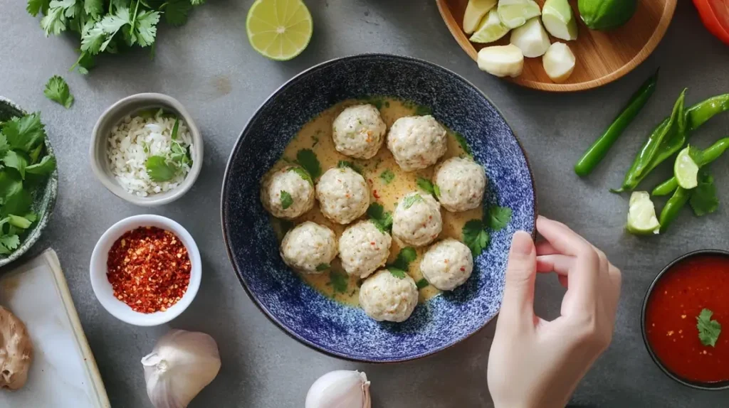 A bowl of Thai chicken meatballs served in a creamy coconut curry sauce, garnished with fresh cilantro and red chili slices, accompanied by fluffy jasmine rice.