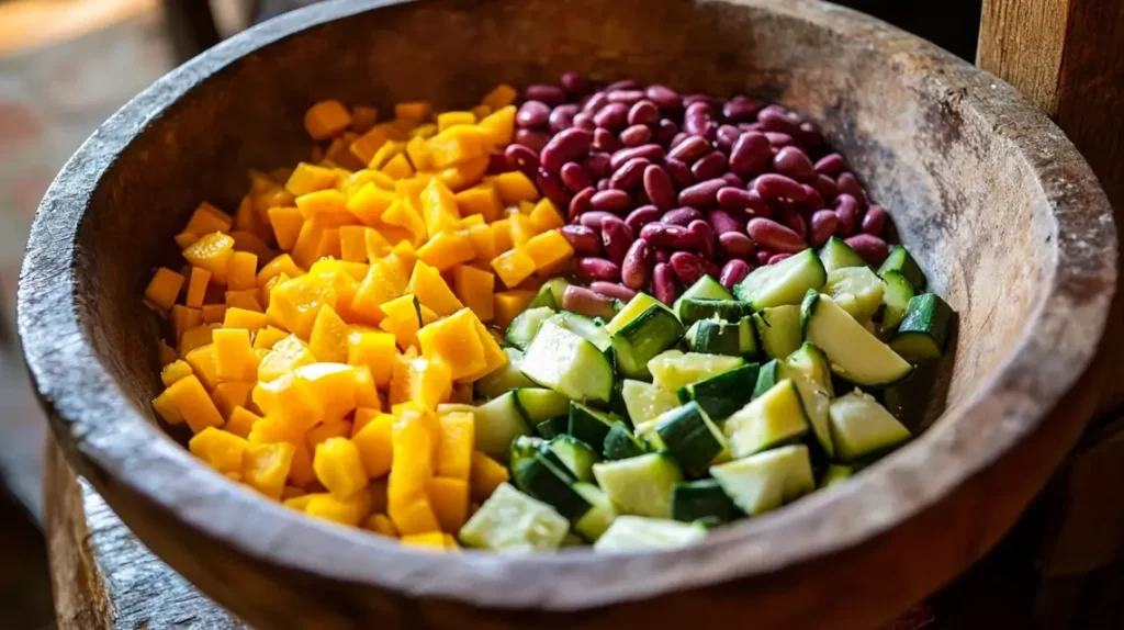 : A rustic bowl of Traditional Three Sisters Soup, featuring vibrant butternut squash, corn, kidney beans, and zucchini in a hearty broth, garnished with fresh parsley.