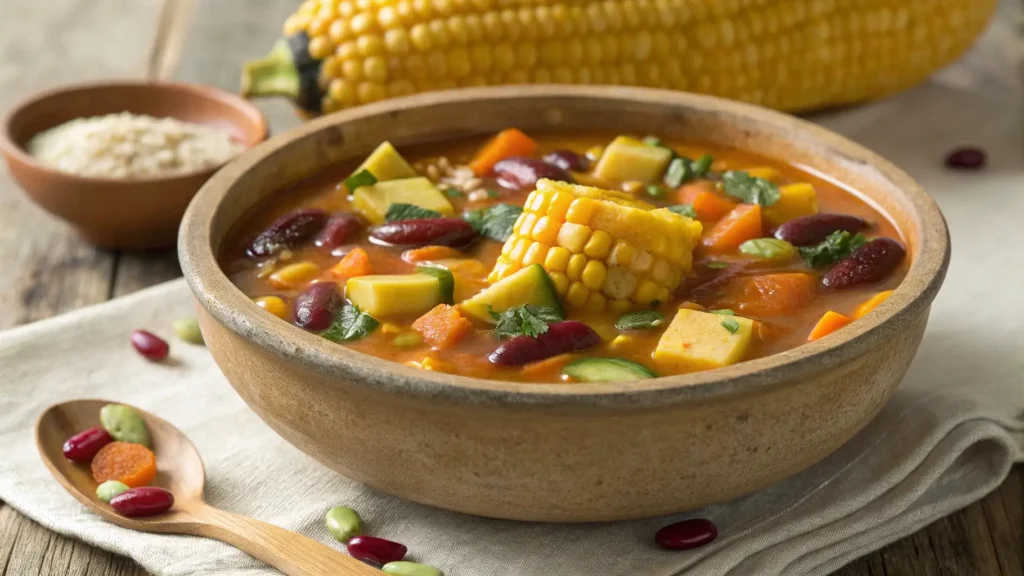 : A rustic bowl of Traditional Three Sisters Soup, featuring vibrant butternut squash, corn, kidney beans, and zucchini in a hearty broth, garnished with fresh parsley.