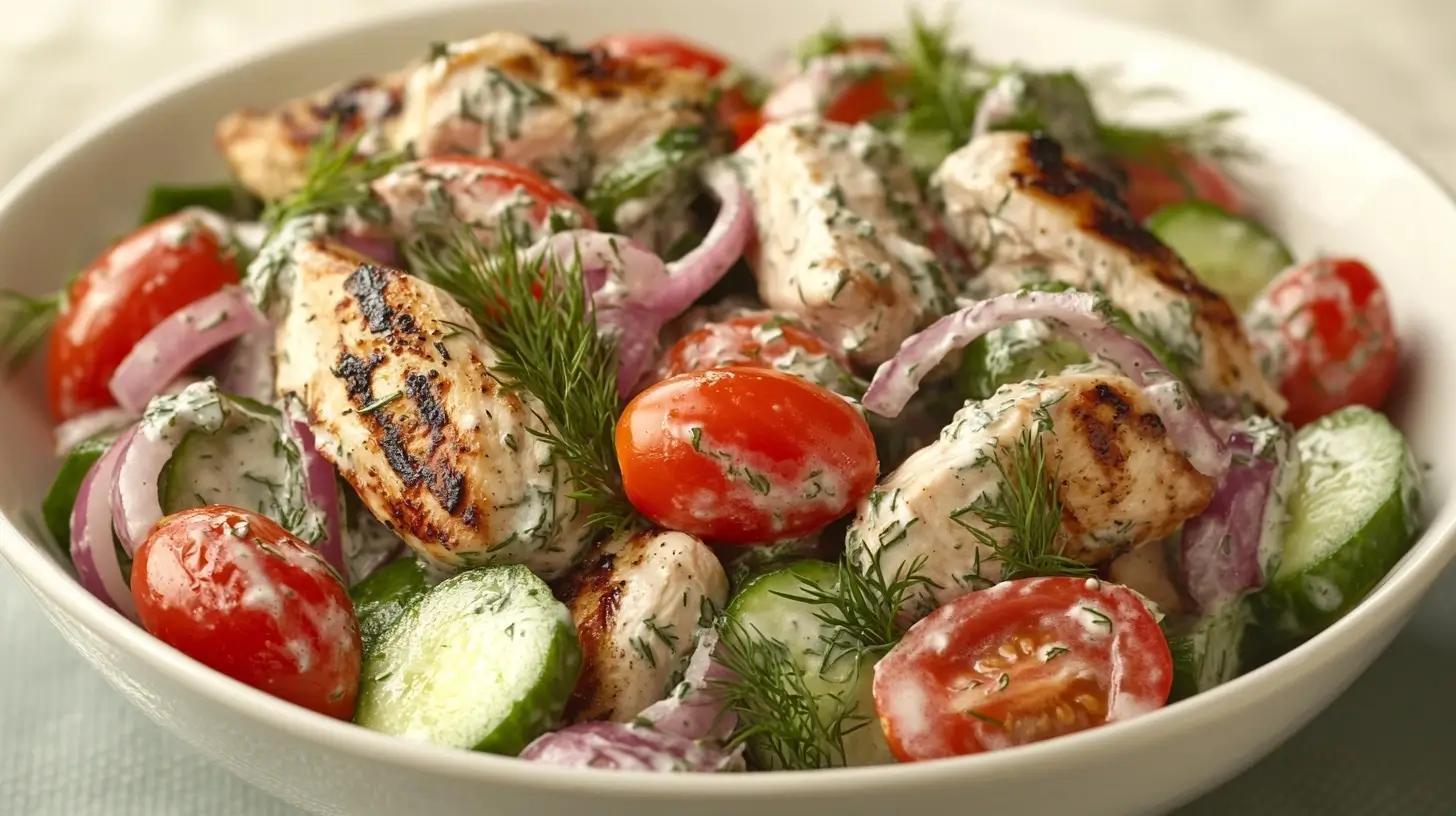 Tzatziki Chicken Salad with fresh vegetables, grilled chicken, and creamy tzatziki sauce served in a white bowl.