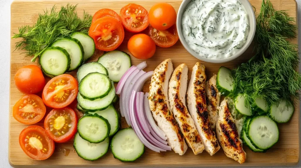 Tzatziki Chicken Salad with fresh vegetables, grilled chicken, and creamy tzatziki sauce served in a white bowl.