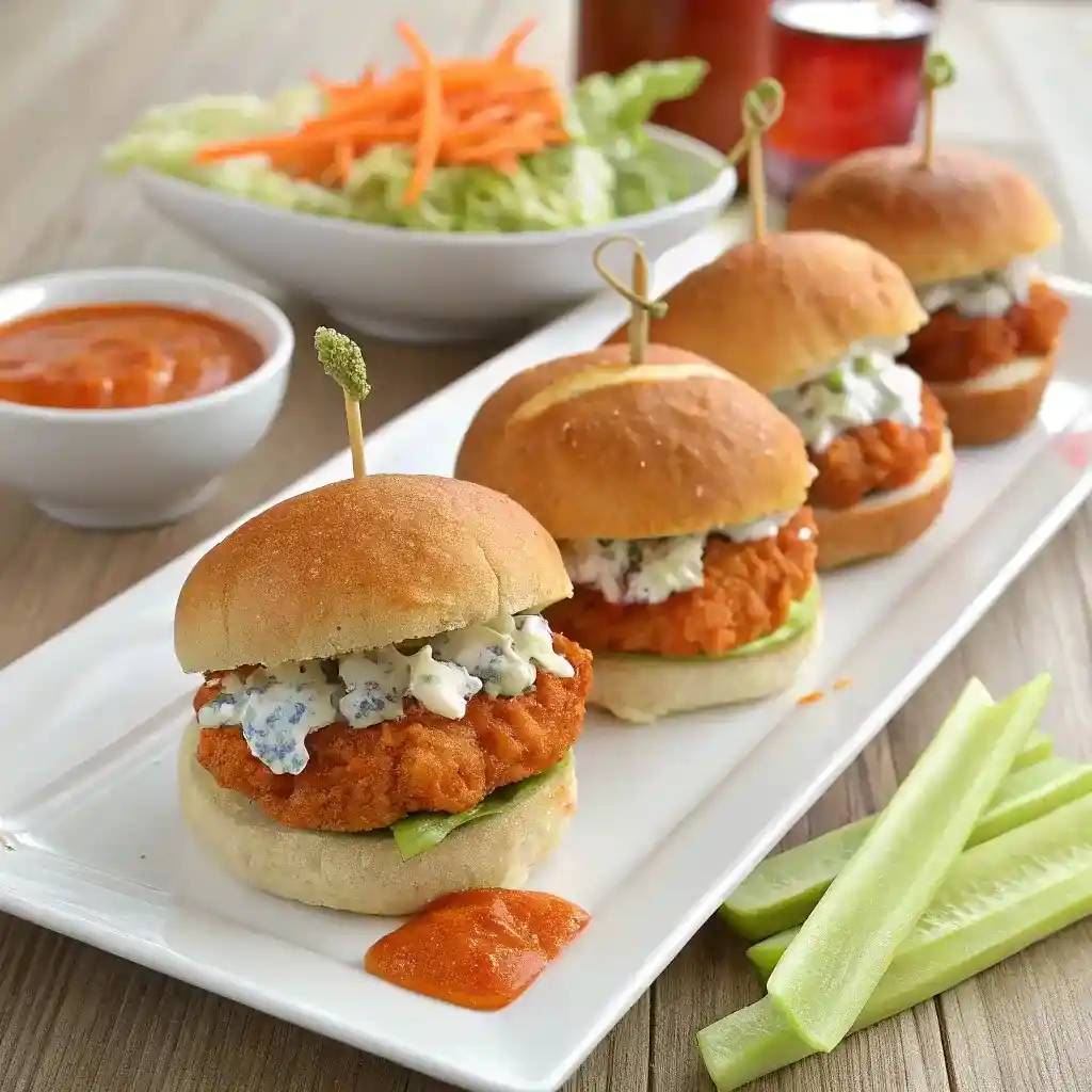 A row of buffalo chicken sliders served on a rectangular white platter, featuring crispy chicken fillets topped with creamy blue cheese sauce and lettuce, with celery sticks and buffalo sauce on the side.