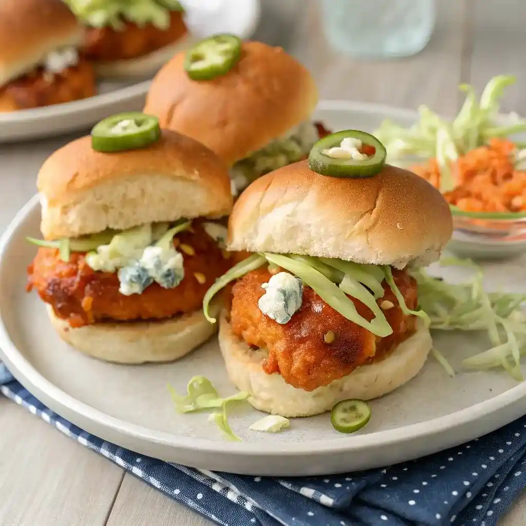 A plate of buffalo chicken sliders featuring crispy chicken fillets coated in buffalo sauce, topped with shredded lettuce, blue cheese crumbles, and jalapeño slices, served on soft slider buns.