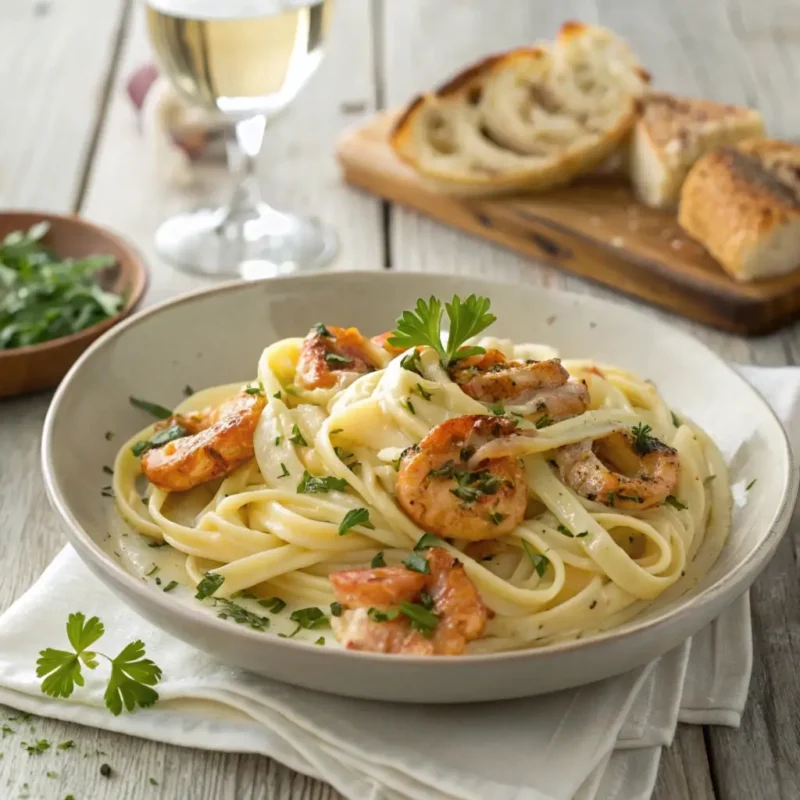 A plate of creamy Cajun Alfredo sauce served over fettuccine pasta, topped with grilled shrimp and garnished with fresh parsley.