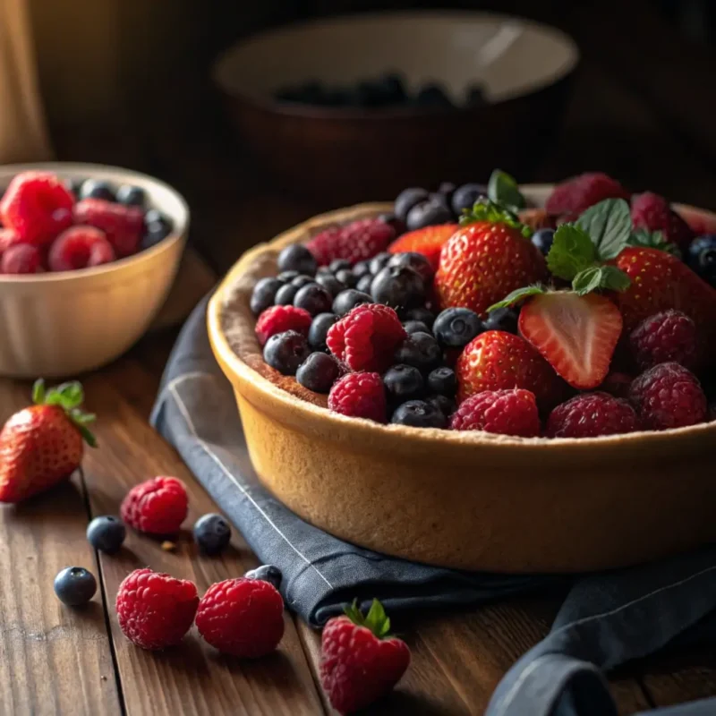 A bowl of baked berries topped with oats and nuts, served on a wooden table.