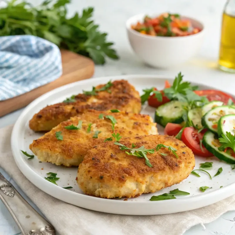 Crispy baked chicken cutlets served with vegetables on a plate.