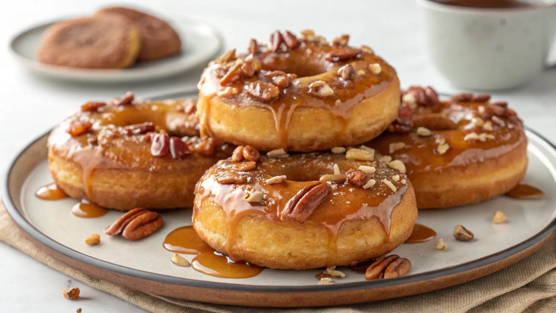 Baked maple pecan donuts topped with maple glaze and chopped pecans on a cooling rack