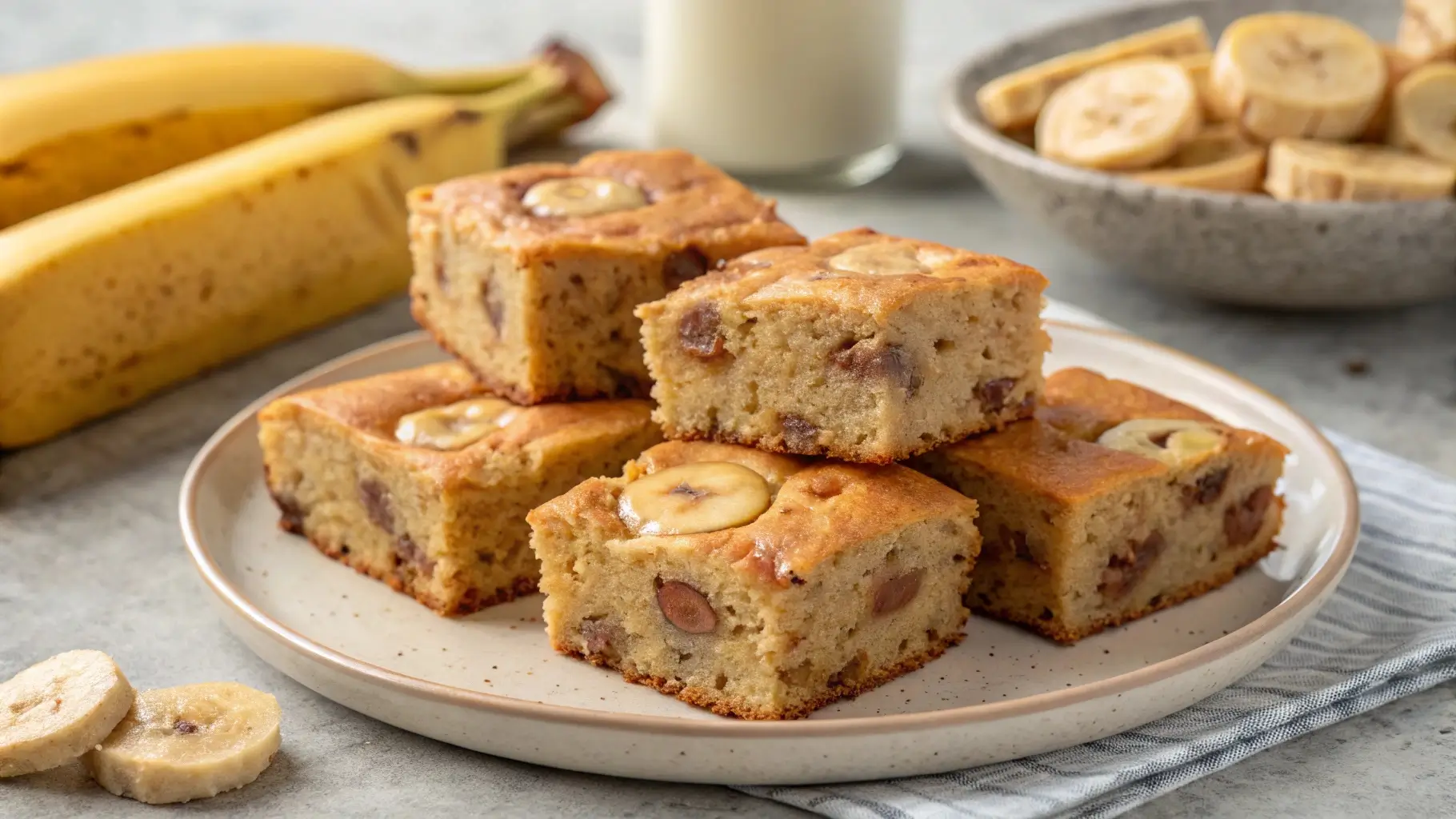 A plate of moist banana blondies with a glossy brown sugar glaze, topped with a light sprinkle of crushed nuts, served on a rustic table with fresh bananas in the background.