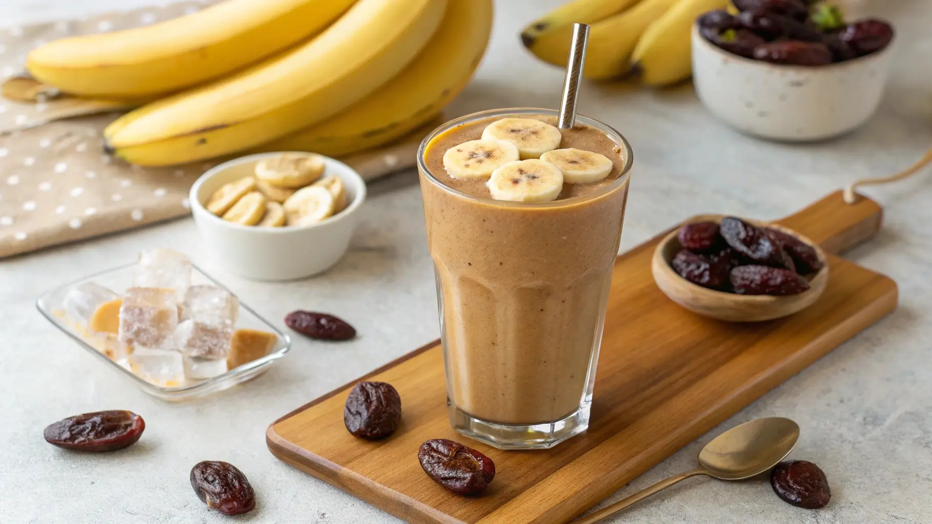 A creamy banana date smoothie served in a tall glass, topped with a sprinkle of cinnamon, a sliced banana, and a date for garnish, set on a wooden table with natural light.