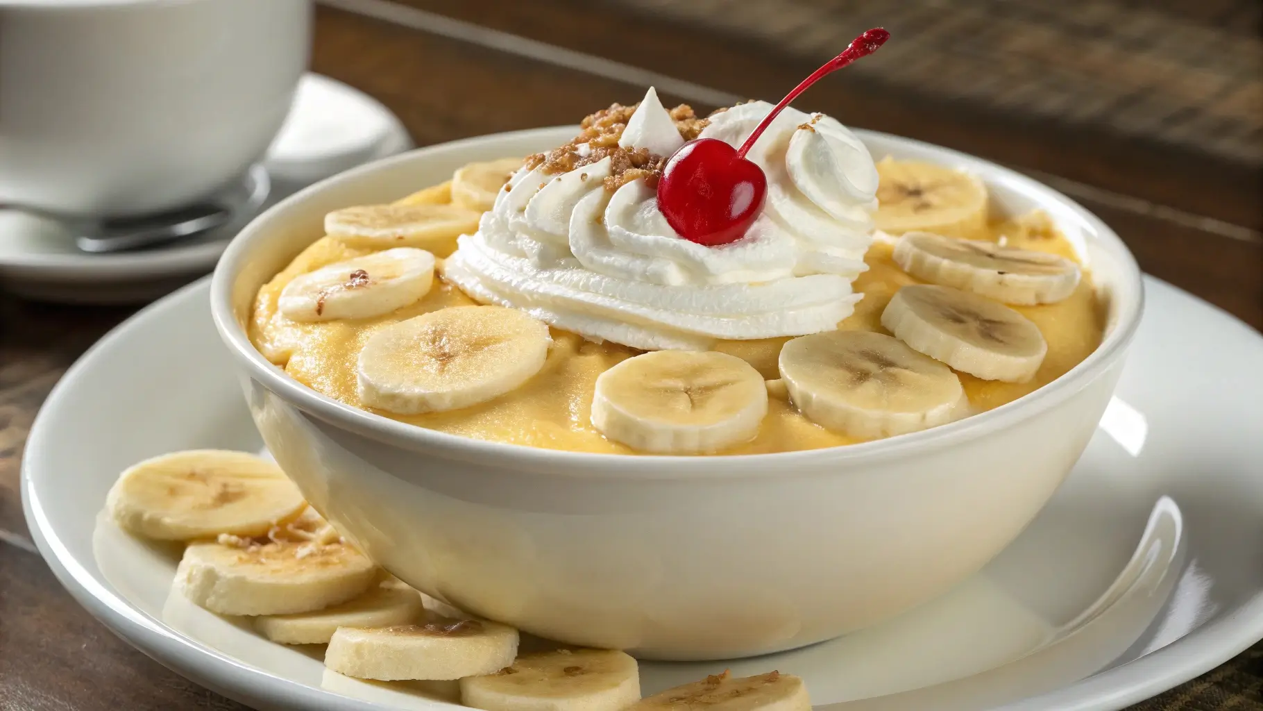 A glass dish filled with layers of creamy banana pudding, fresh banana slices, and vanilla wafers, topped with a dollop of whipped cream and garnished with crushed wafers.