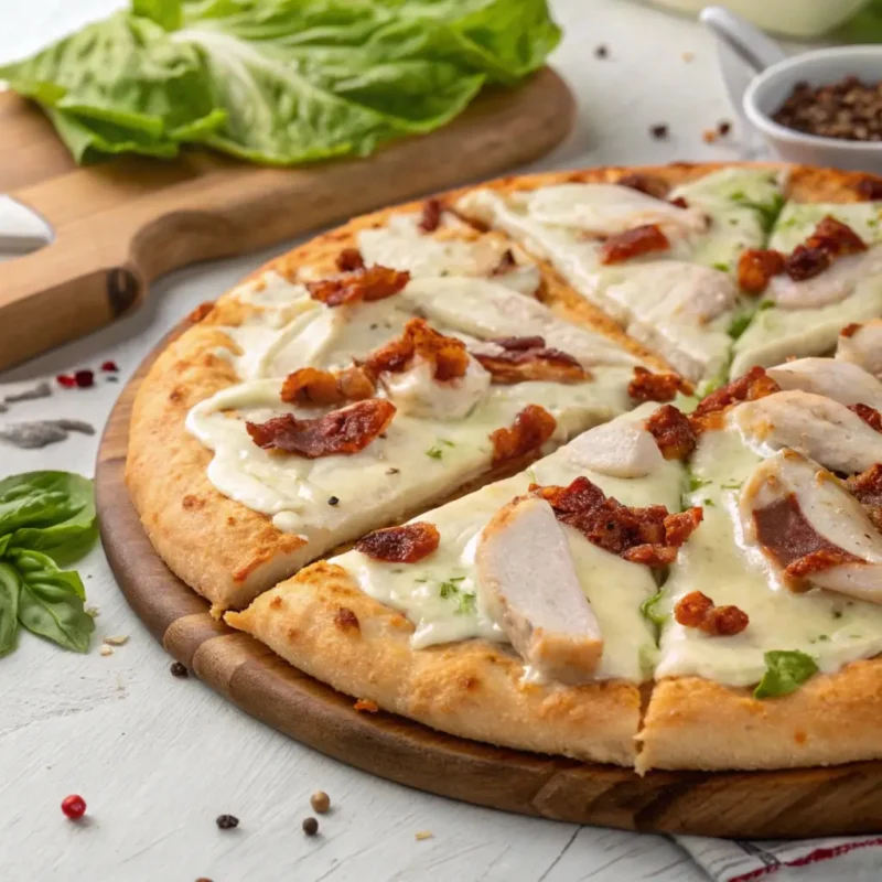 Freshly baked Chicken Bacon Ranch Pizza topped with creamy ranch sauce, grilled chicken, crispy bacon, and melted cheese on a golden crust.