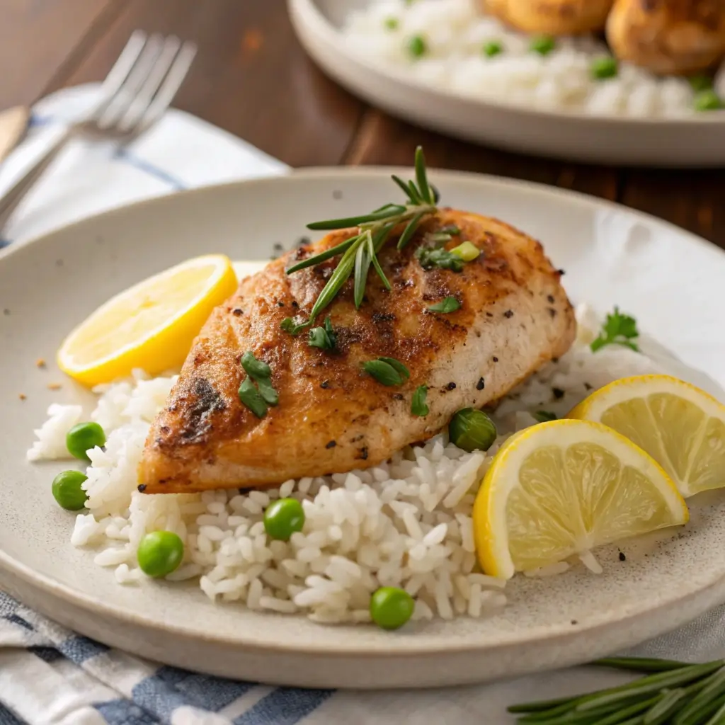 A delicious plate of Chicken Over Rice served with fresh vegetables, creamy white sauce, and garnished with parsley.