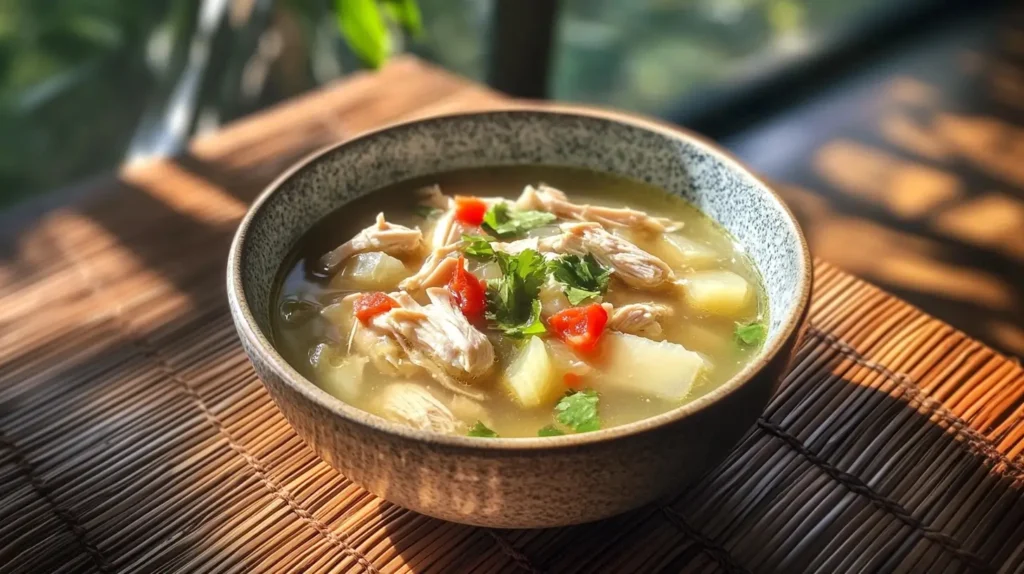 A bowl of Chicken Tinola featuring tender chicken, green papaya, and malunggay leaves in a clear ginger broth, served with rice.