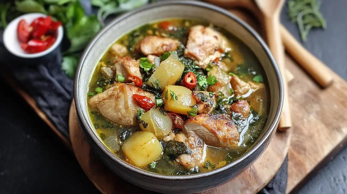 A bowl of Chicken Tinola featuring tender chicken, green papaya, and malunggay leaves in a clear ginger broth, served with rice.