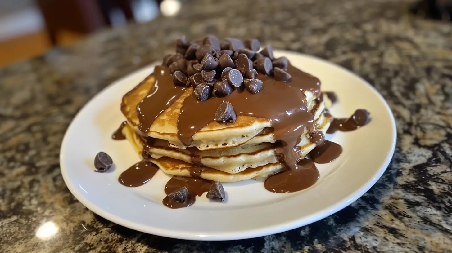 A stack of fluffy chocolate chip pancakes, golden brown and topped with extra chocolate chips and a drizzle of maple syrup, served on a rustic plate with a cozy kitchen background.