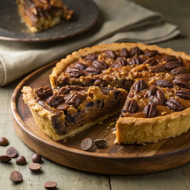 A freshly baked chocolate chip pecan pie with a golden crust, topped with toasted pecans and melted chocolate chips, served on a wooden table.