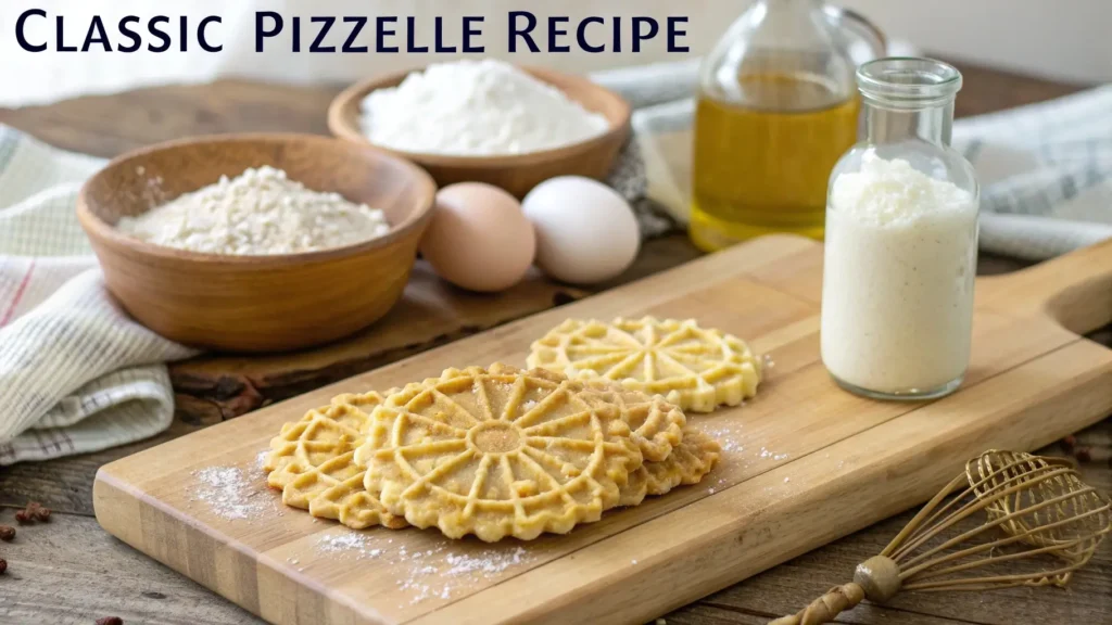 Golden, crisp pizzelle cookies with intricate patterns, dusted lightly with powdered sugar, stacked on a plate, and served alongside a cup of coffee on a rustic table.