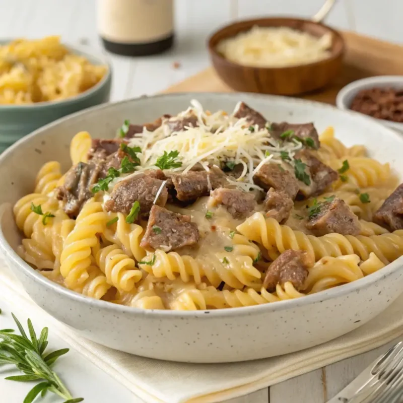 A bowl of Garlic Parmesan Beef Pasta featuring rotini pasta, creamy garlic sauce, and ground beef, garnished with fresh parsley