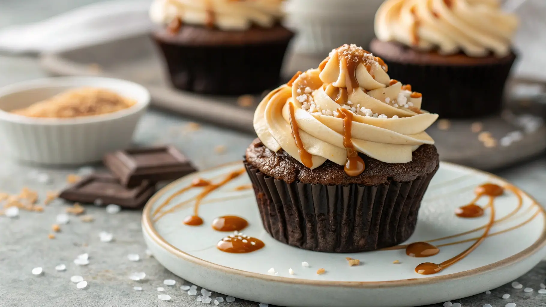 A trio of decadent chocolate espresso cupcakes topped with swirls of salted caramel buttercream, drizzled with caramel sauce, and garnished with a sprinkle of sea salt, set on a rustic wooden table.