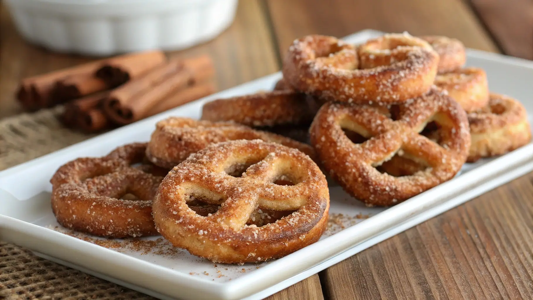 A bowl of golden-brown cinnamon sugar pretzel bites, glistening with a buttery coating and sprinkled with cinnamon sugar, served with a small dish of creamy vanilla dipping sauce on a rustic table.