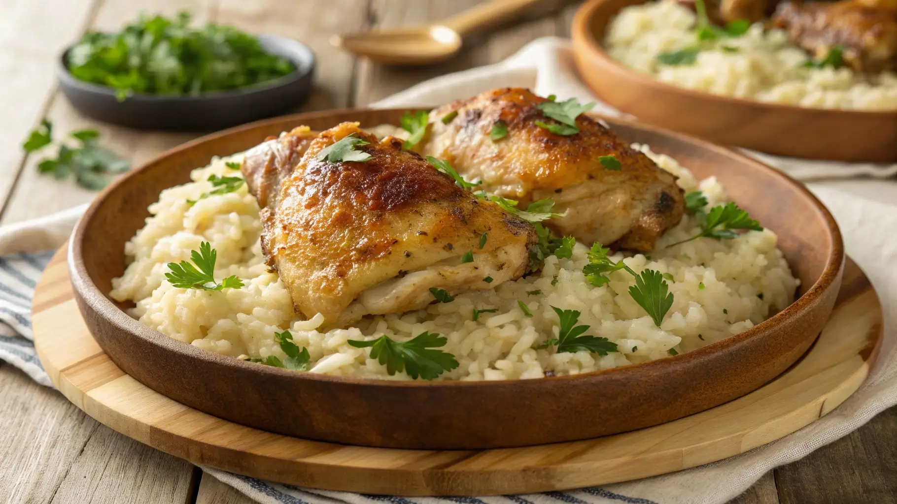 A casserole dish of "Forgotten Chicken" with tender, golden-baked chicken thighs resting on a bed of creamy, seasoned rice, garnished with fresh parsley for a comforting presentation.