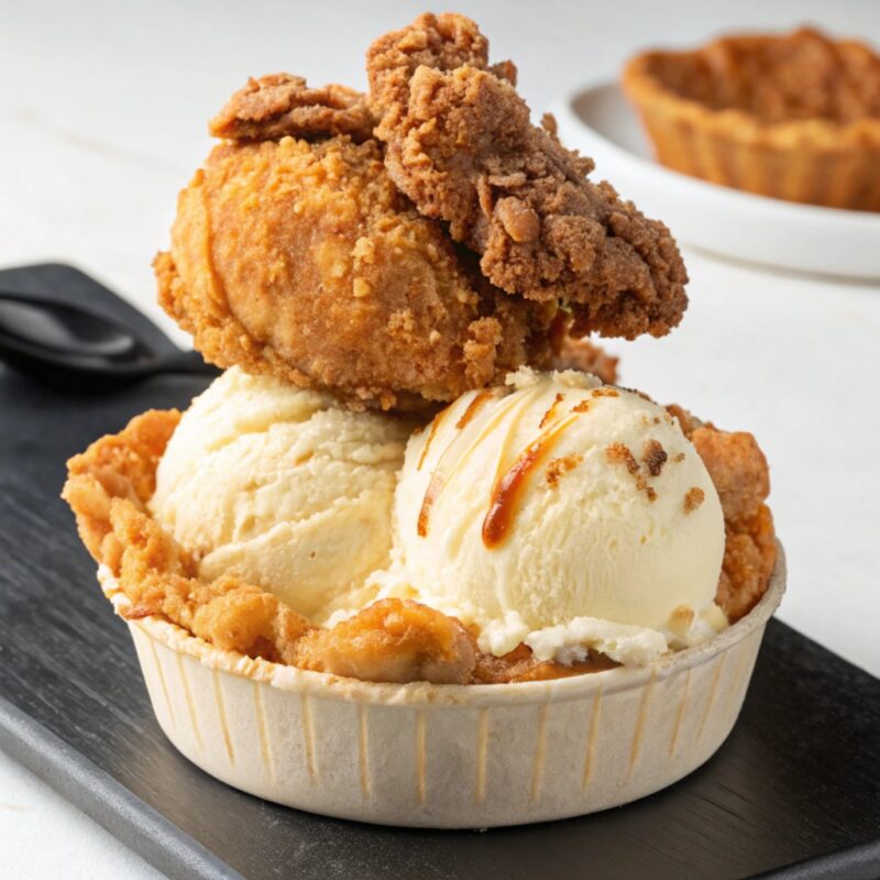 A creative dessert shaped like a fried chicken drumstick, made with vanilla ice cream and a crispy golden coating.