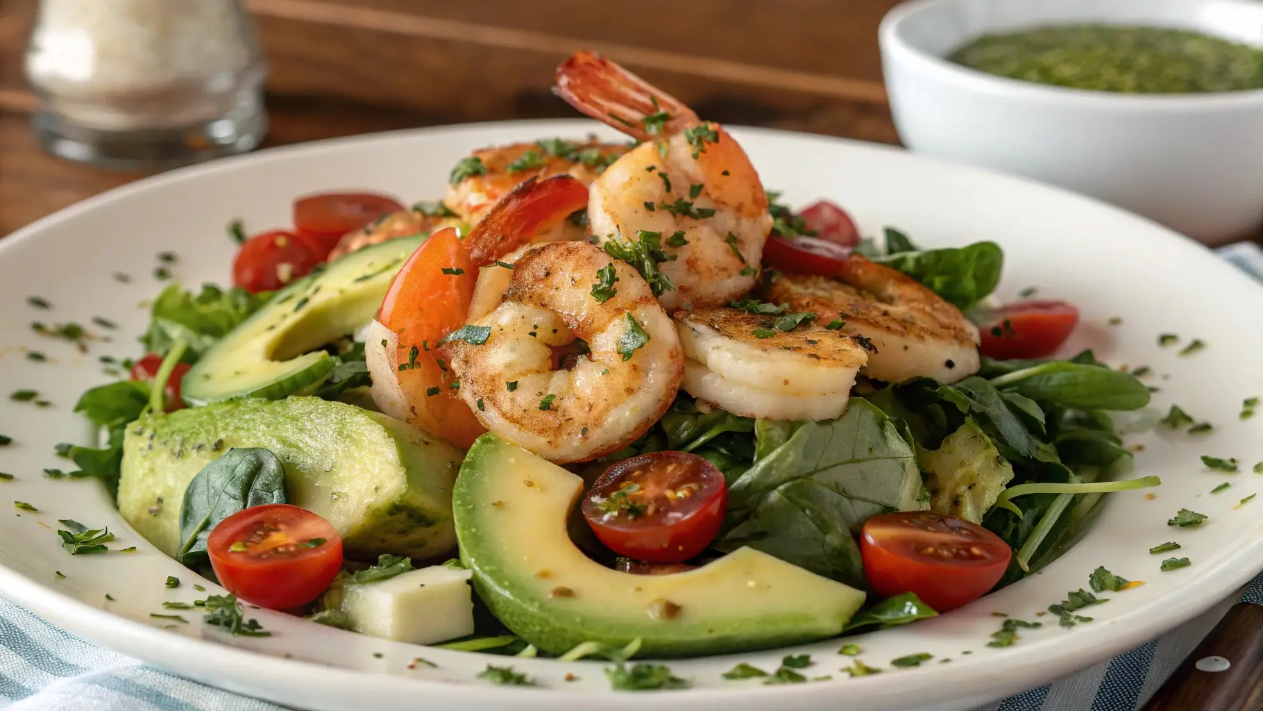 A vibrant grilled shrimp salad with juicy shrimp, mixed greens, cherry tomatoes, cucumber slices, avocado, and a light vinaigrette dressing, garnished with fresh herbs and lemon wedges.