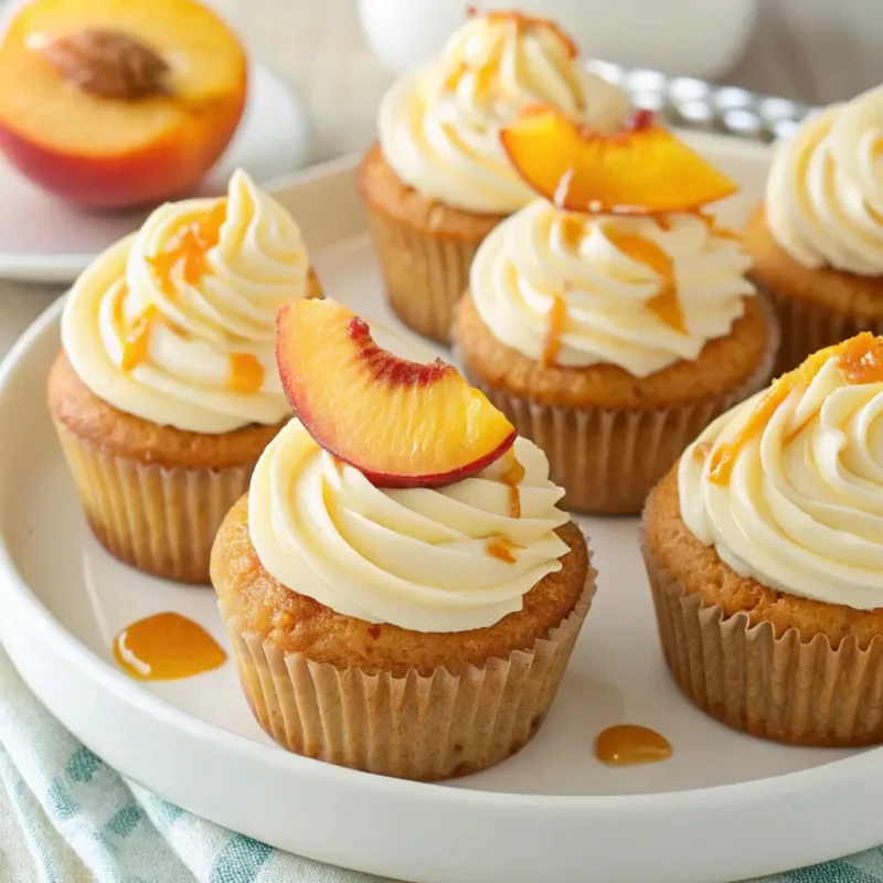 A plate of Honey Peach Cream Cheese Cupcakes topped with fresh peach slices and a drizzle of honey.