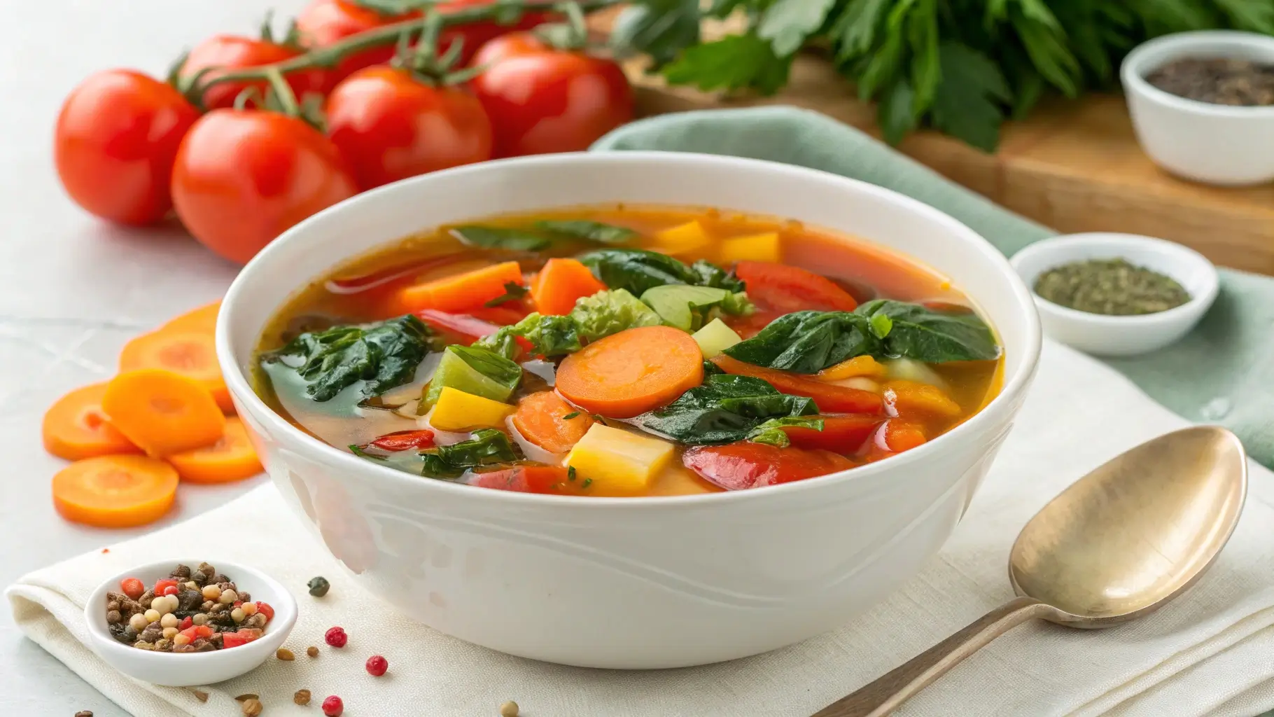 An assortment of fresh ingredients for immune-boosting soup, including carrots, celery, spinach, garlic, ginger, turmeric, and red lentils, arranged on a wooden surface