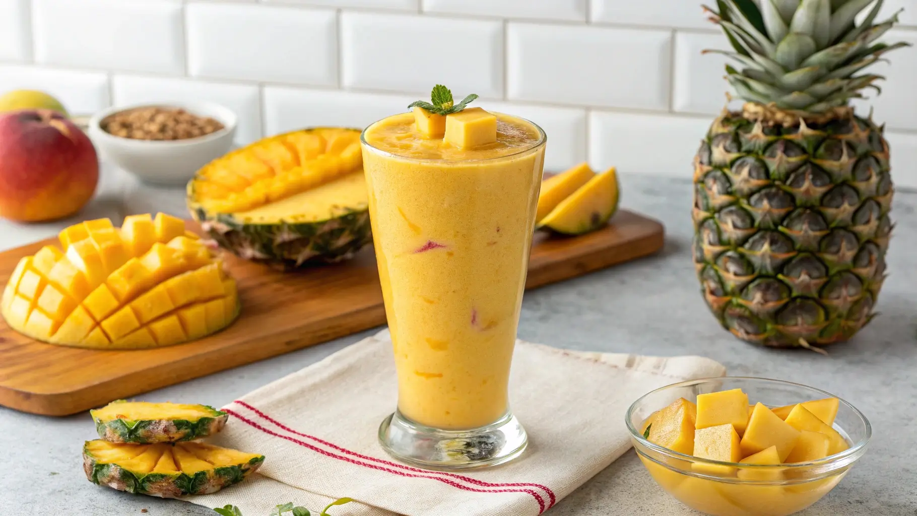 A vibrant glass of mango pineapple smoothie, bright yellow in color, topped with a slice of fresh pineapple and a sprig of mint, served with a straw on a sunny table.