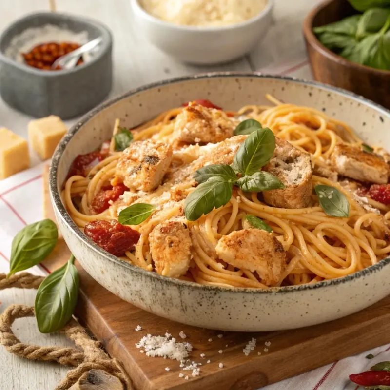 A bowl of Marry Me Chicken Pasta with tender chicken, creamy Parmesan sauce, and garnished with fresh basil.